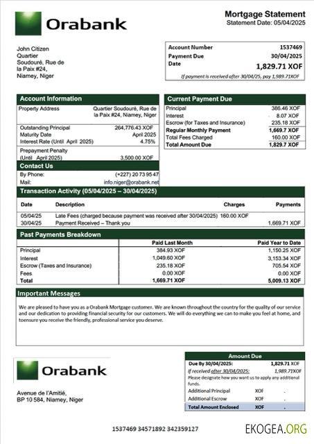 Modèle Word et PDF de relevé hypothécaire du Niger Orabank